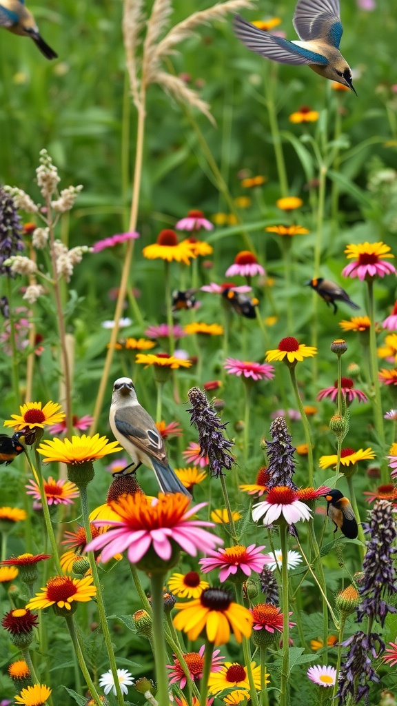 A wildflower garden blooming with colorful flowers and birds flying around.