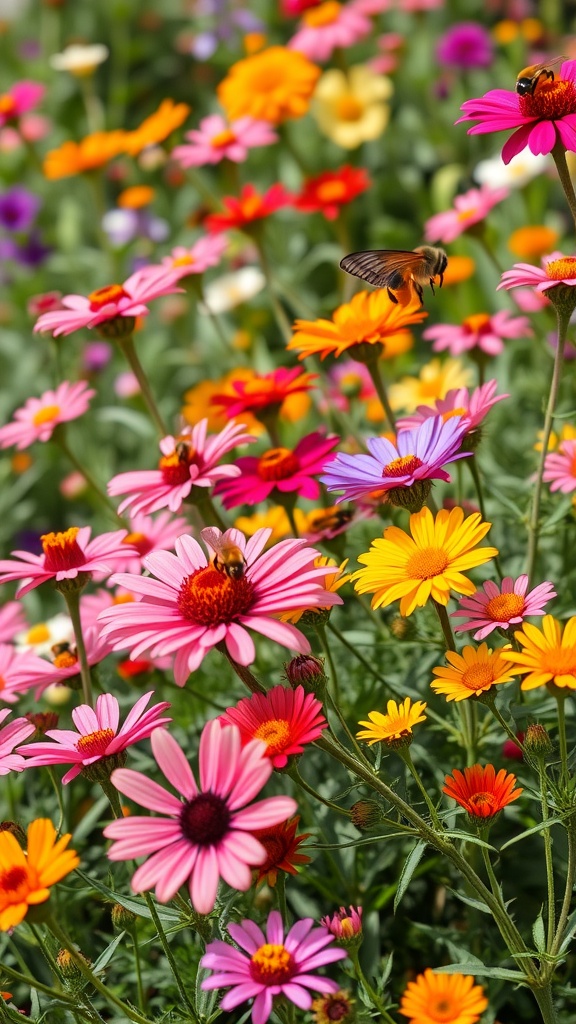 A colorful cut flower garden with various flowers including pink, yellow, and orange blooms, and bees pollinating.