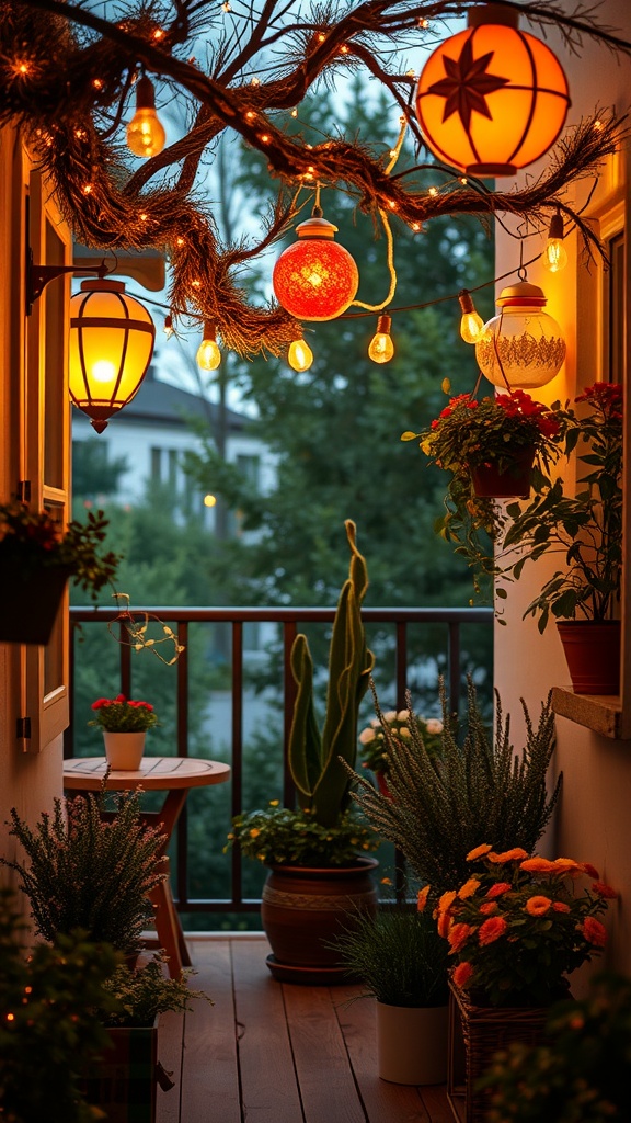 A cozy balcony garden illuminated with various lights and plants.