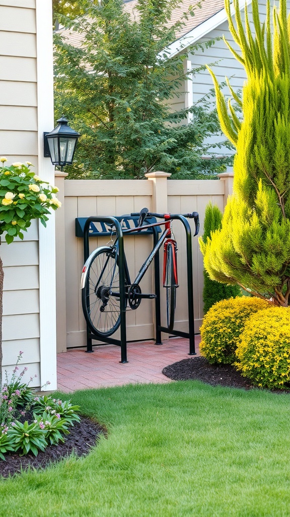 A bike rack in a side yard surrounded by plants and a fence