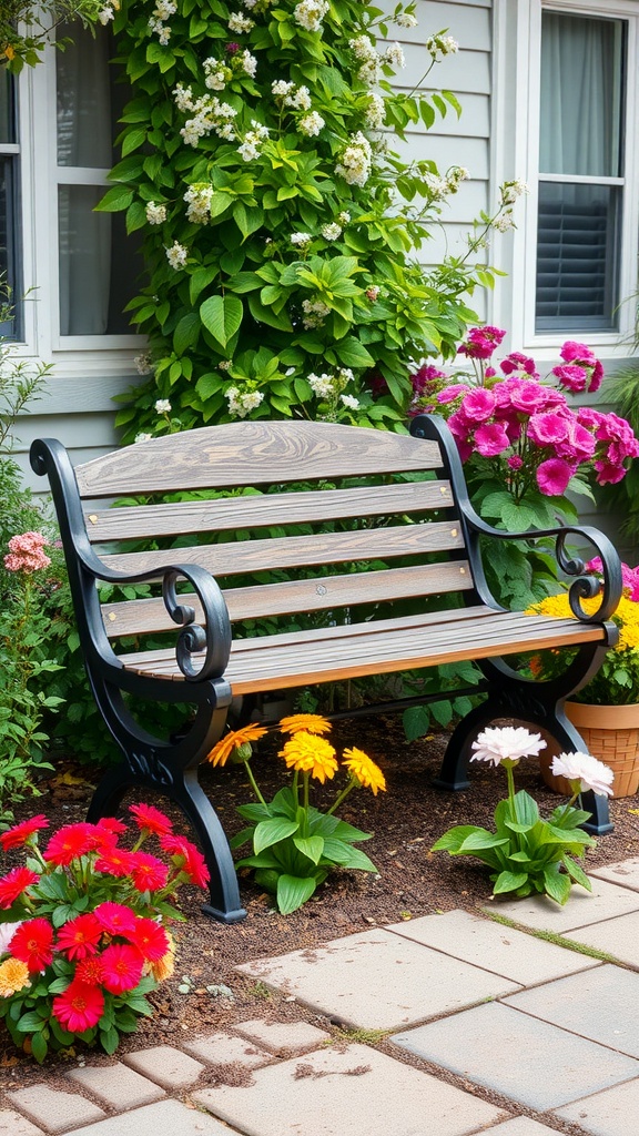 A charming wooden and metal garden bench surrounded by colorful flowers in a front garden.