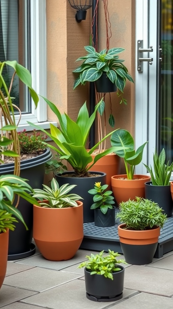 A collection of diverse plant containers on a small balcony, showcasing different plant types and colors