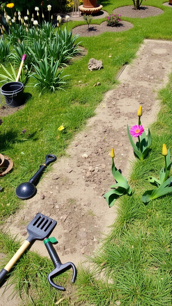 A garden area with tools and blooming flowers, showing a patch ready for planting.
