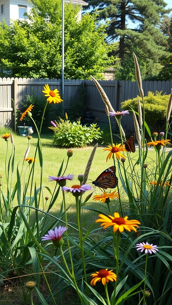A vibrant garden with wildflowers and a butterfly, showcasing a sunny location ideal for planting.