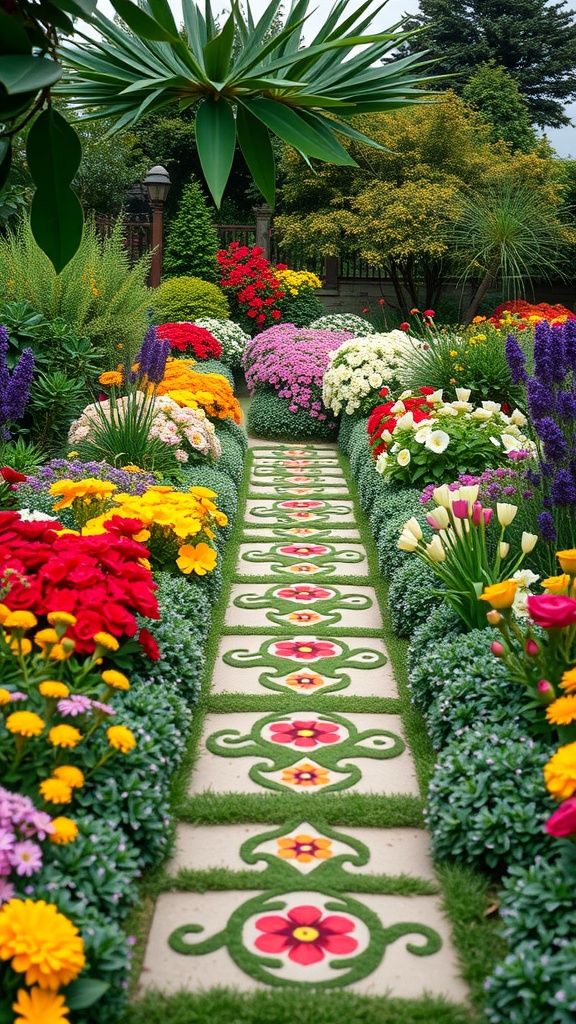 A vibrant flower garden with a decorative stone path featuring colorful floral designs.