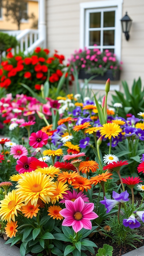 A vibrant front garden filled with colorful flowers including pink, yellow, orange, and purple blooms.