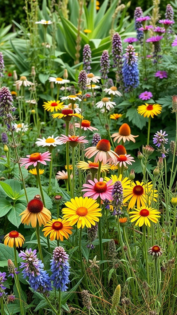 A colorful flower garden featuring various blooms including daisies and echinacea.