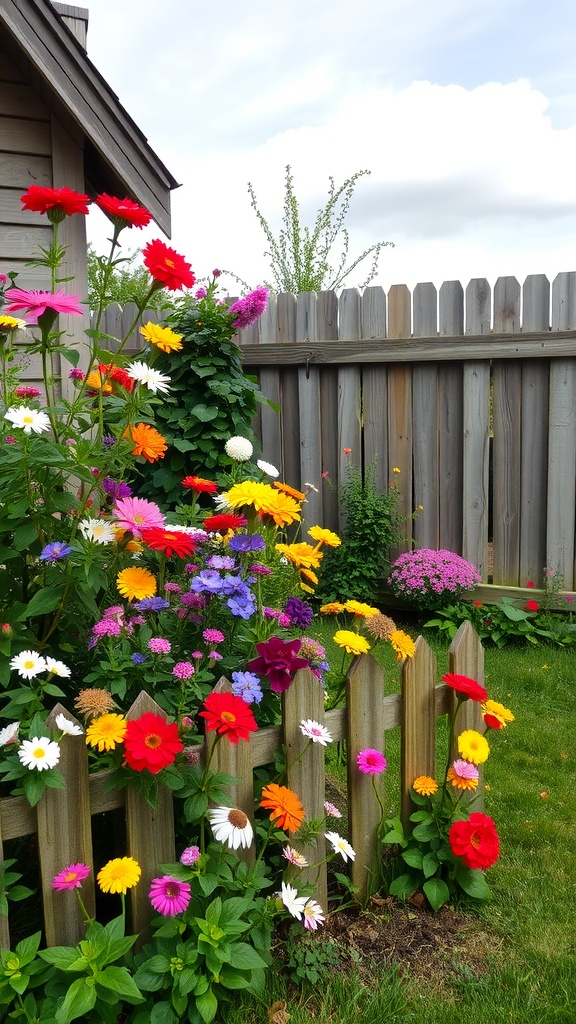 A vibrant cottage-style garden filled with colorful flowers and a wooden fence.