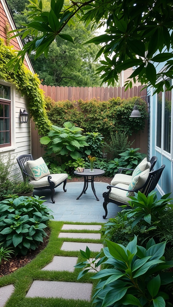Cozy seating area in a side yard with plants and pathway