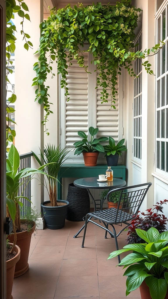Cozy balcony garden with plants, a small table, and a chair