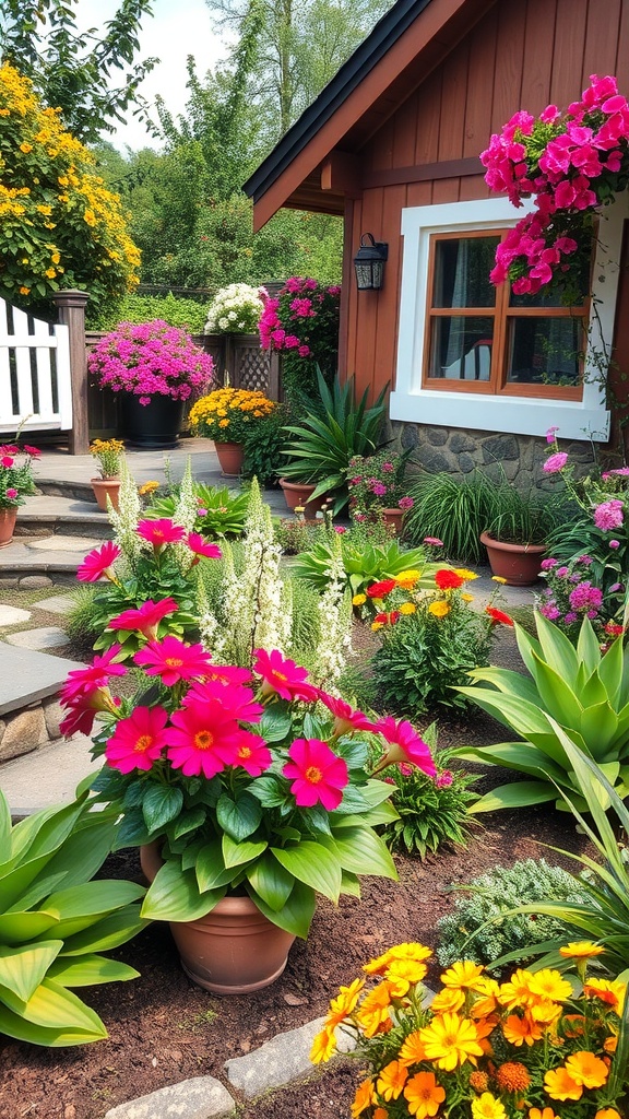 A colorful cut flower garden with various blooming plants in pots beside a cozy house.