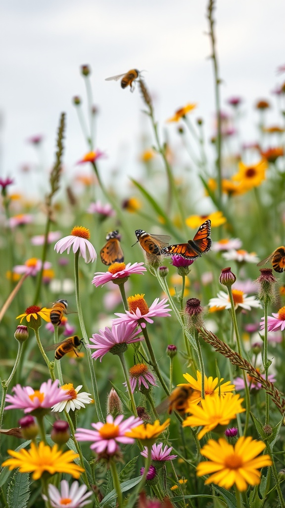 A colorful wildflower garden filled with bees and butterflies, showcasing a vibrant ecosystem.