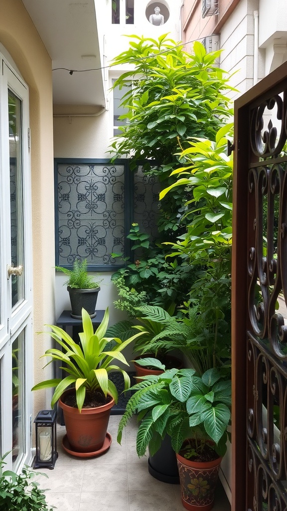 Small balcony garden with lush plants and a decorative screen for privacy.