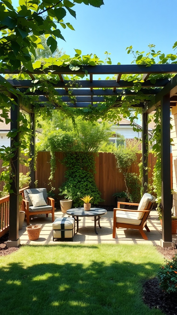 A cozy shaded seating area under a pergola with lush green vines, featuring comfortable chairs and a small table.