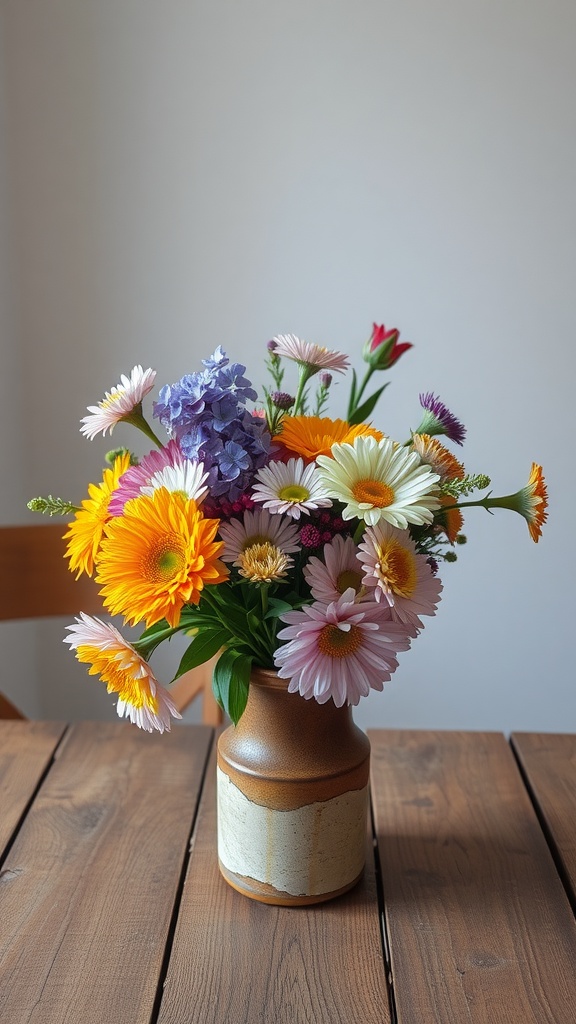 Colorful flower arrangement in a vase on a wooden table.