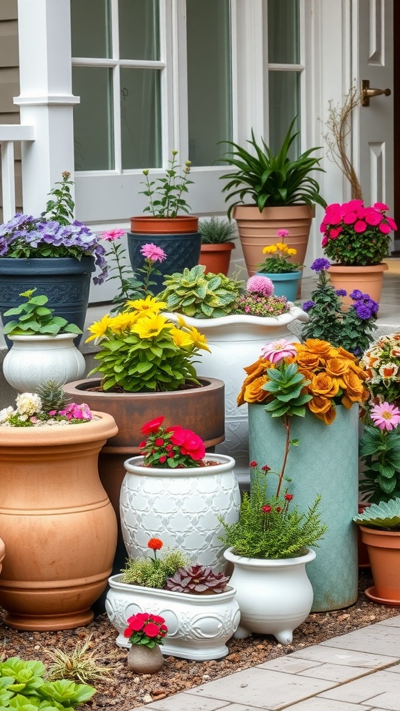 Colorful collection of various flower pots in a front garden