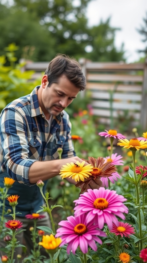 A gardener tending to colorful flowers in a cut flower garden