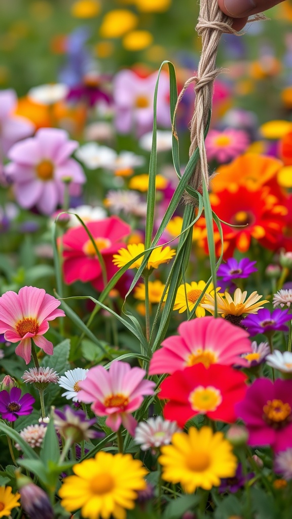A person pulling weeds from a vibrant wildflower garden, holding twine amidst colorful flowers.