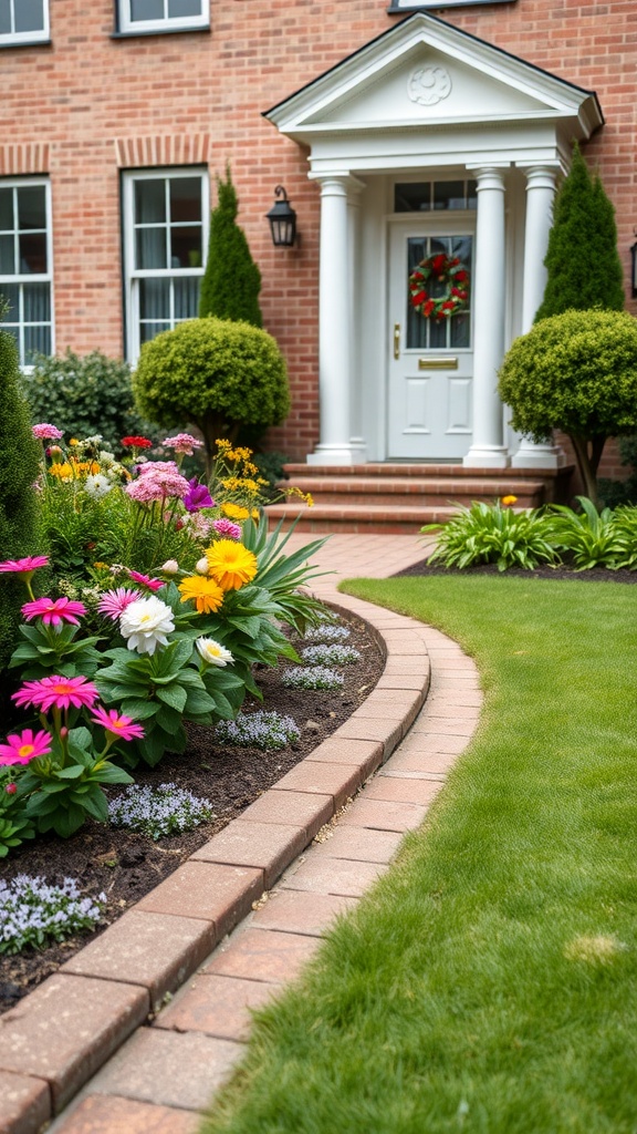 A beautifully landscaped front garden with colorful flowers and a brick border leading to the entrance of a house.