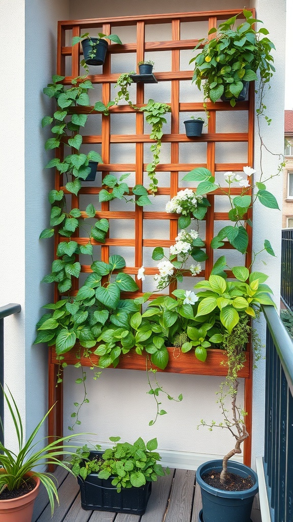 A wooden trellis filled with climbing plants on a balcony.