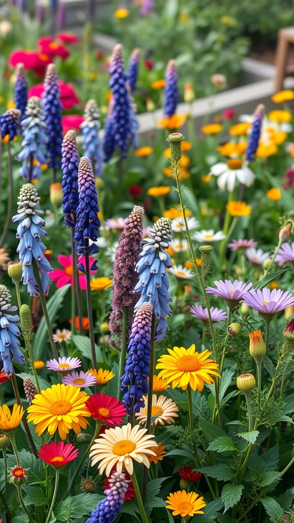 A colorful flower garden featuring various blooms, including blue, yellow, pink, and purple flowers.
