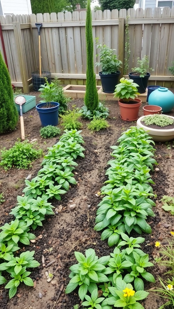 A side yard edible garden with rows of leafy greens and various potted plants.