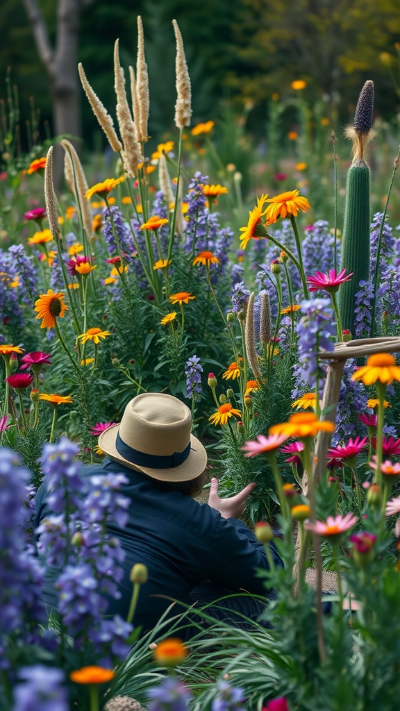 A person tending to a colorful wildflower garden filled with various blooms.