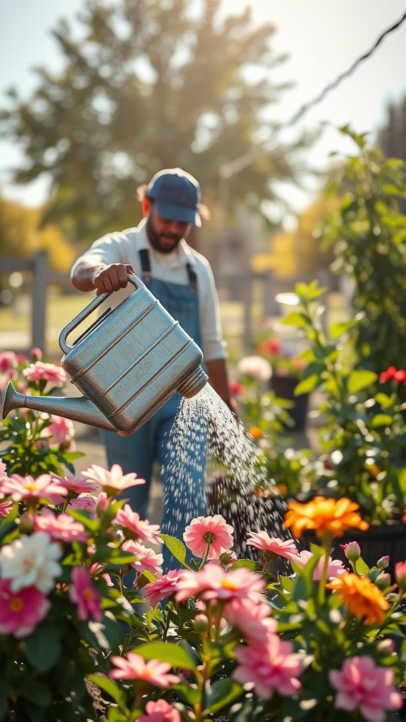 A person watering colorful flowers in a garden using a metal watering can, with sunlight shining in the background.