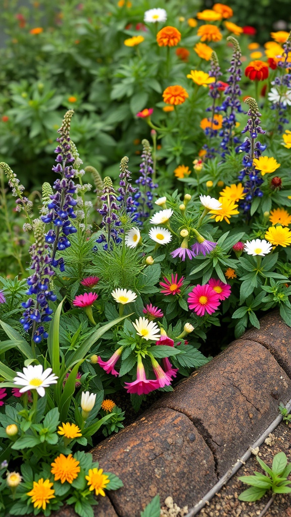 A colorful flower garden featuring a variety of blooms and vibrant colors.