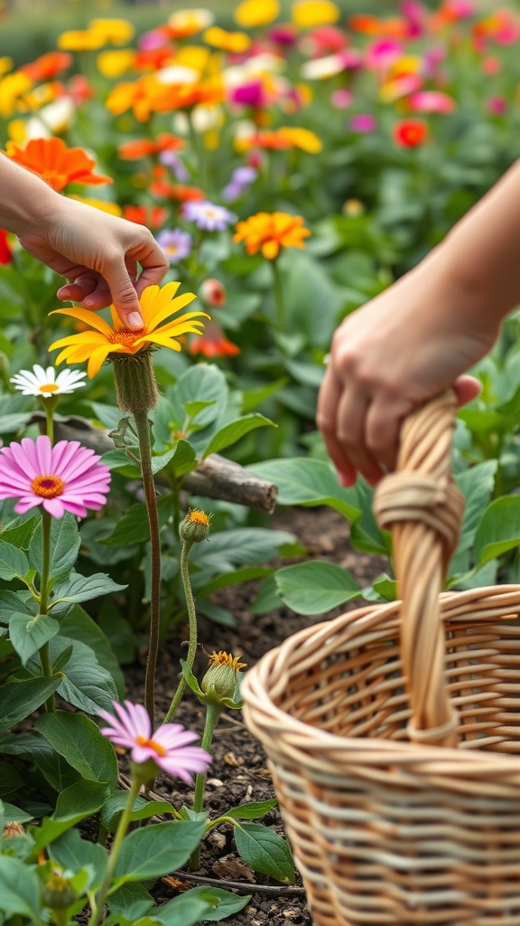 A person harvesting a yellow flower from a garden filled with colorful blooms, while holding a wicker basket.