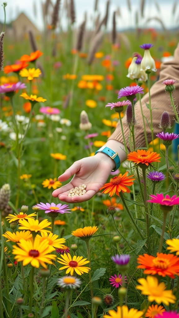 A hand holding seeds surrounded by colorful wildflowers in a garden.