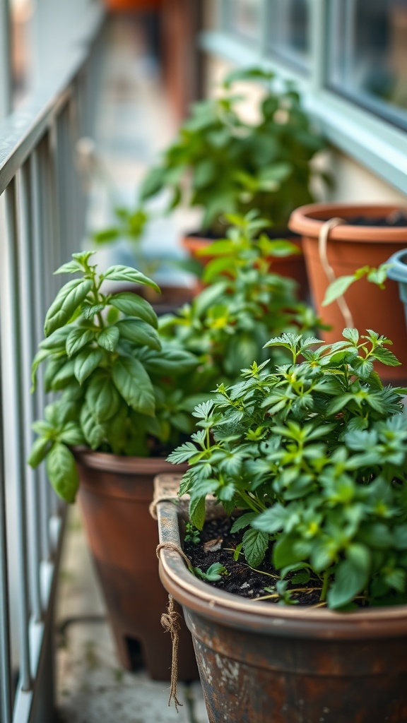 A small balcony garden featuring various potted herbs including basil and mint.
