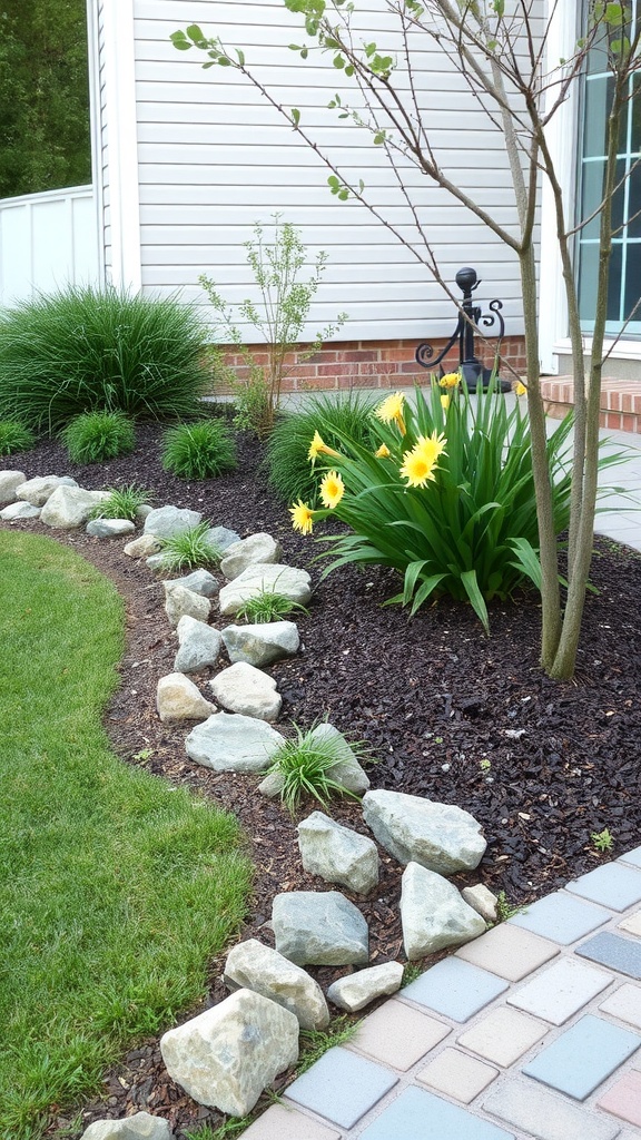 A side yard beautifully landscaped with decorative stones and mulch, featuring green grass, plants, and yellow flowers.