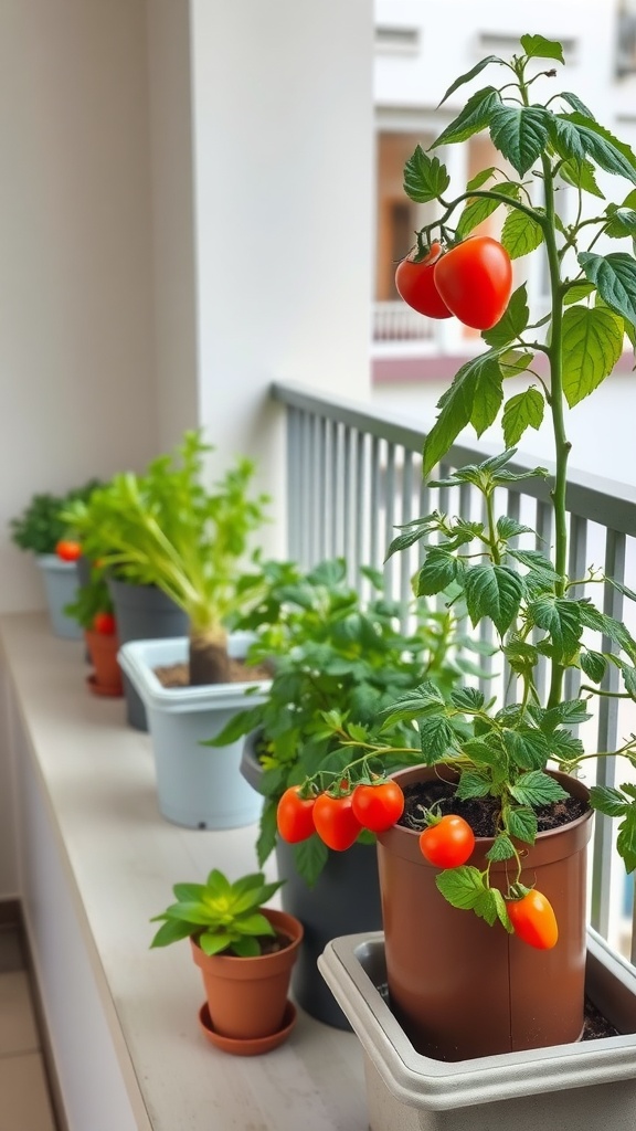 A small balcony garden featuring several pots of edible plants, including a tomato plant with ripe tomatoes.
