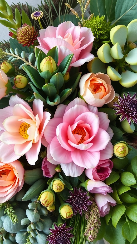 A vibrant cut flower arrangement featuring pink and peach flowers alongside various green foliage.