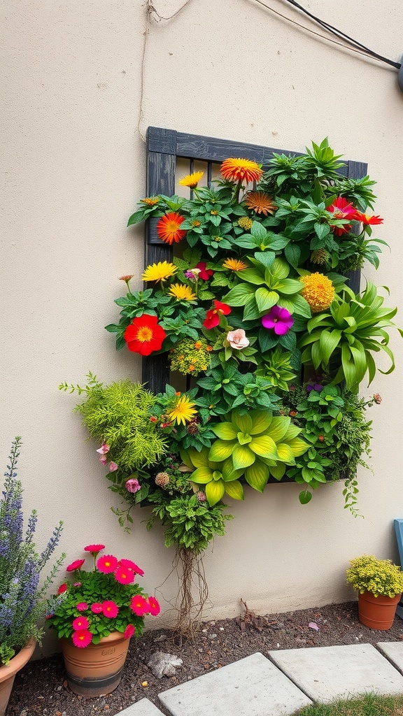 A vibrant vertical garden with a variety of flowers and foliage mounted on a wall.