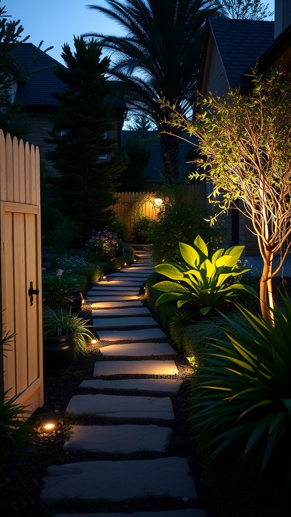 A beautifully lit stone pathway in a front garden at night, surrounded by plants and trees.