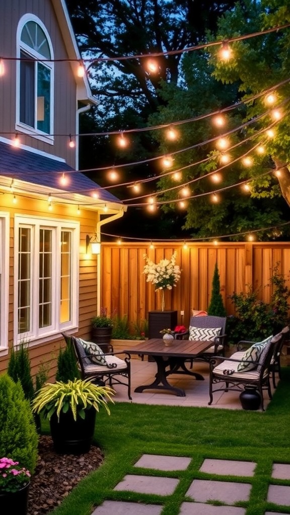 Cozy side yard with warm string lights and illuminated plants, featuring comfortable seating.