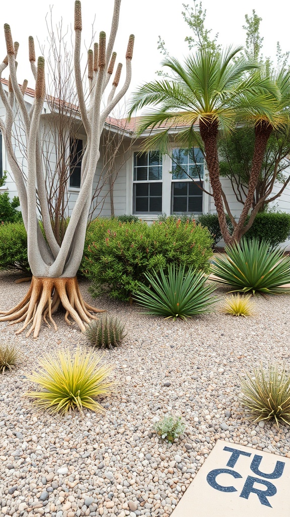 Low-maintenance front garden design with unique plants and gravel landscaping.
