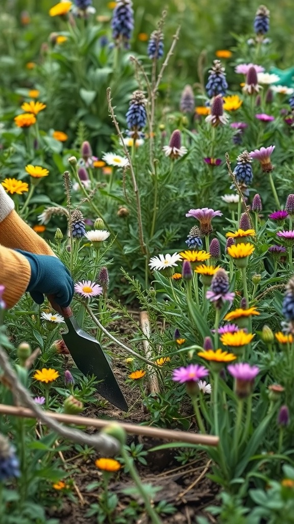 A gardener using a trowel to tend to a colorful wildflower garden filled with various blooms.