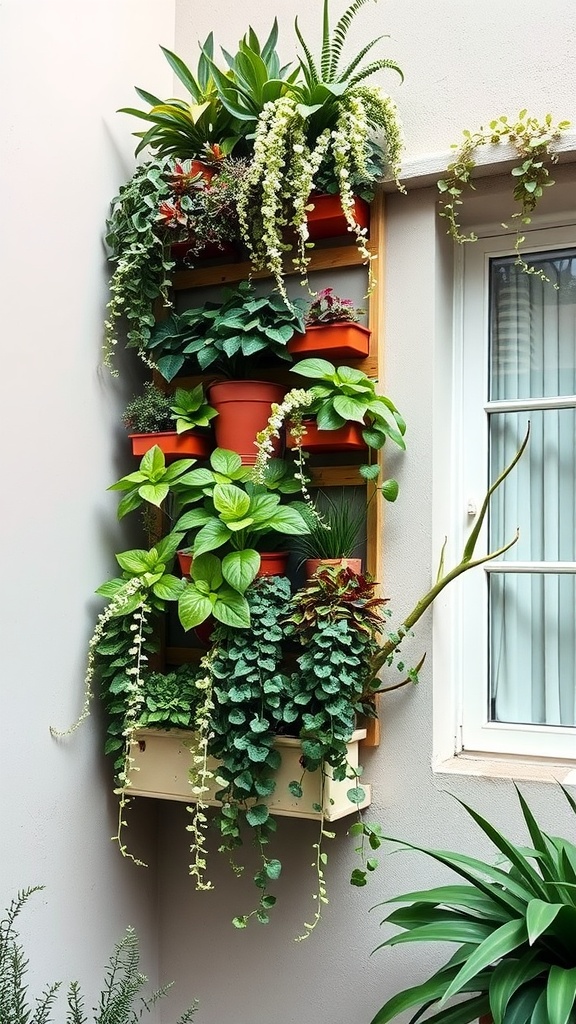 A vertical garden display with various plants in pots on a wooden structure against a wall.