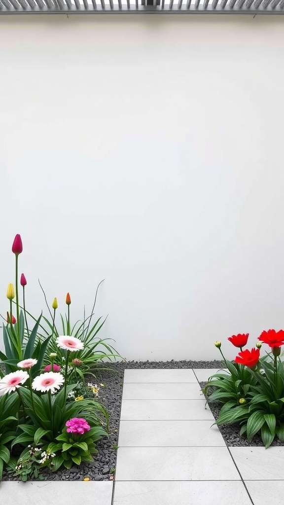 A minimalist garden featuring colorful flowers and a clean pathway.