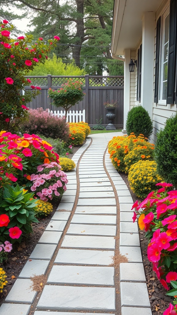 A winding pathway made of stones surrounded by colorful flowers.
