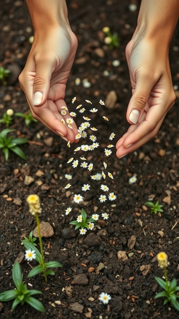 Hands scattering wildflower seeds over soil