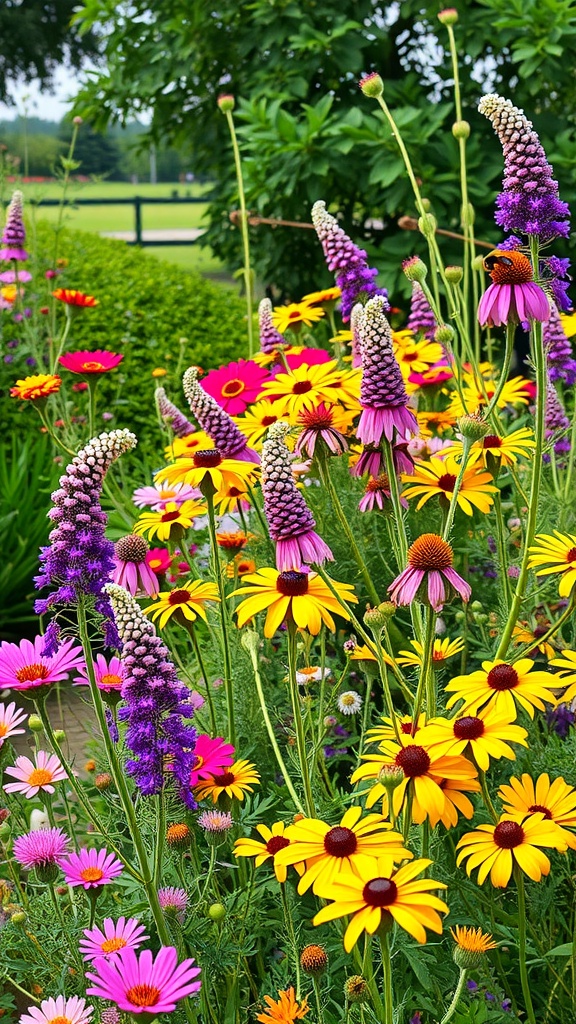 Colorful flower garden with various blooms attracting pollinators.
