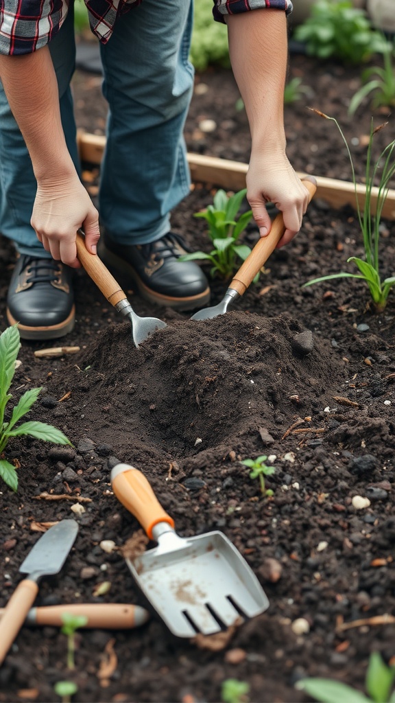 A person digging in dark soil with gardening tools, preparing the ground for planting a wildflower garden.