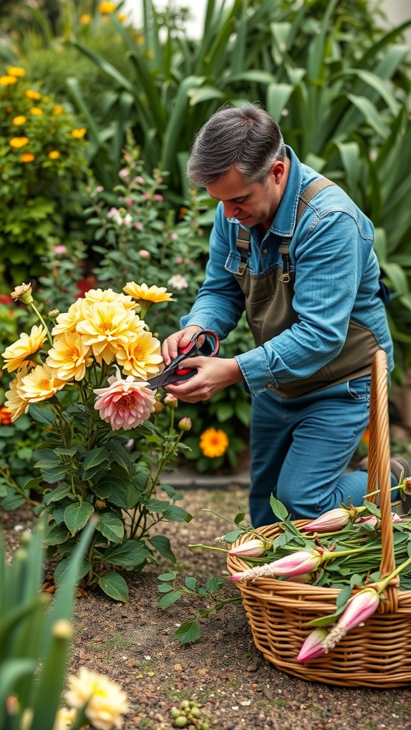 A person pruning flowers in a garden with a basket of cut flowers nearby.