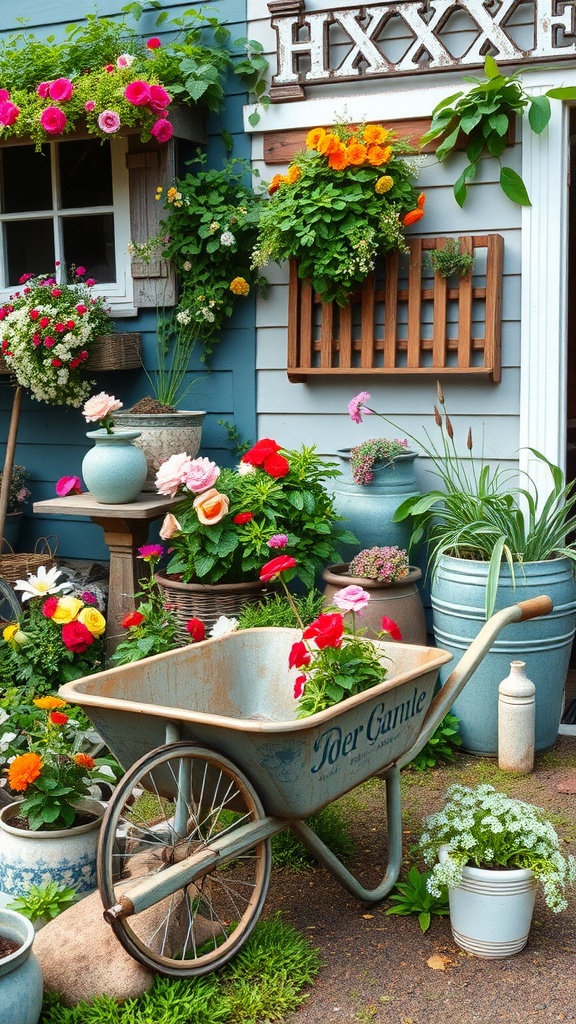 A rustic flower garden featuring a vintage wheelbarrow planter, colorful blooms, and a charming blue wall.