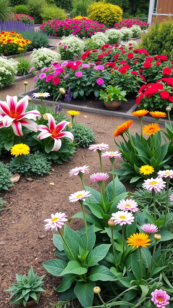 A colorful flower garden with various seasonal blooms including lilies, daisies, and petunias.
