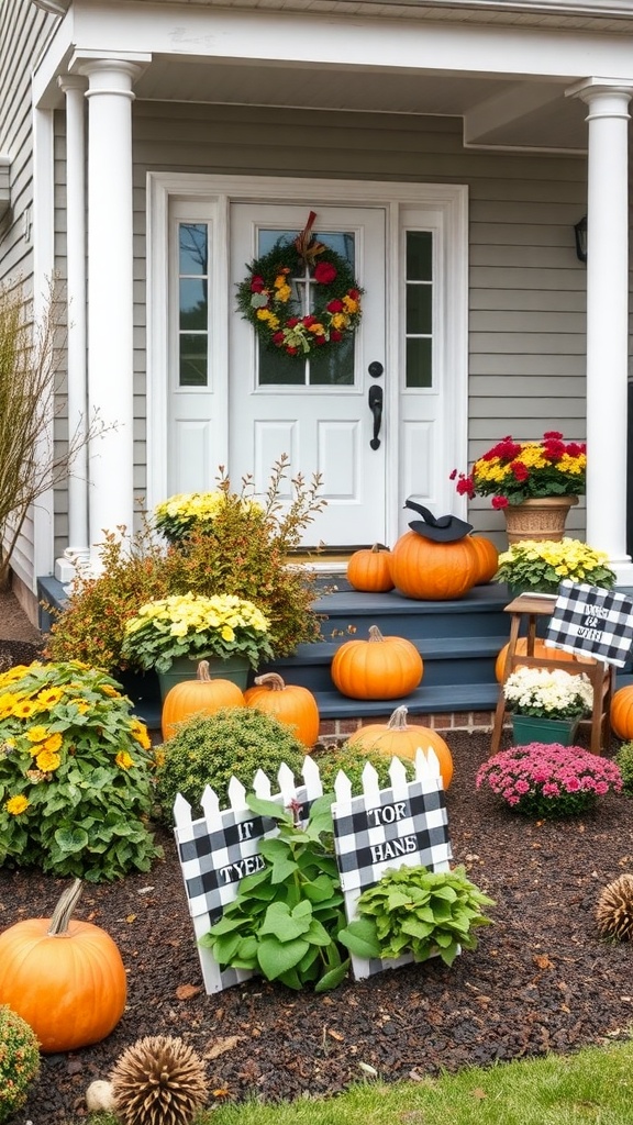 Front garden decorated for autumn with pumpkins, colorful flowers, and a festive wreath on the door.